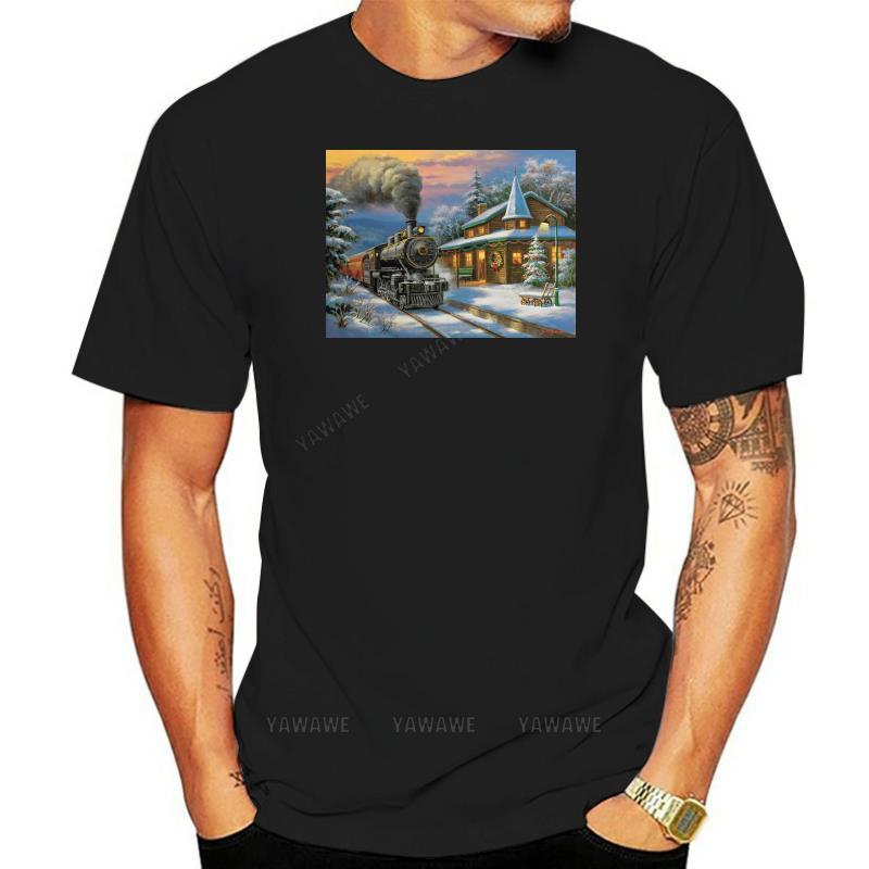 Fashion mens tshirts casual brand short sleeve Christmas Train Station Locomotive TShirt teenager cotton teeshirt vintage top