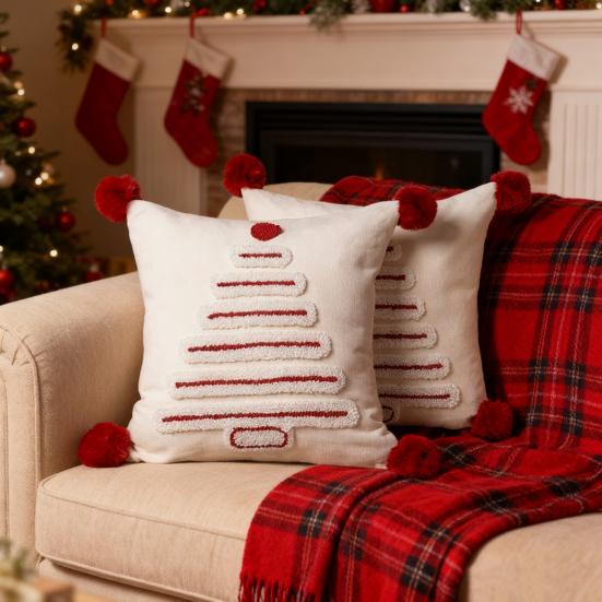 Christmas Tree Pattern Throw Pillowcase with Tassel Hair Ball Decoration Pillow Cover Farmhouse Style Cushion Cover
