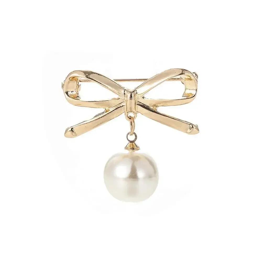 Elegant Simple Bow Brooches for Women Bowknot Pin Pearl Pendant Safety Lapel Pins Wedding Jewelry Body Accessories Creative Gift