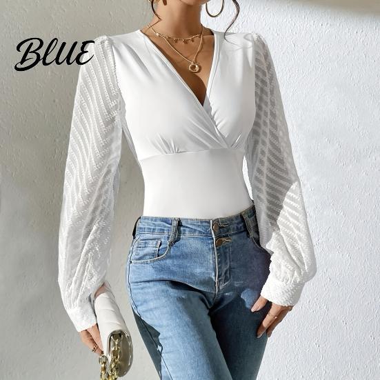 Casual Women Shirt Tops V-Neck See-Through Lantern Long Sleeves Tee Solid Color V-neck Top Slim Fit Pullover Daily Wear Blouse