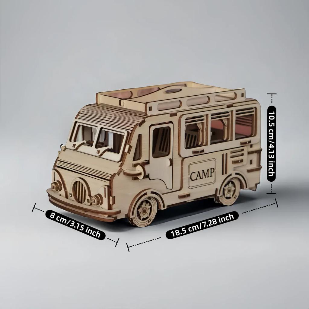 3D puzzle toy wooden camping car model, travel style RV model, suitable for interactive and creative DIY toy gifts with family