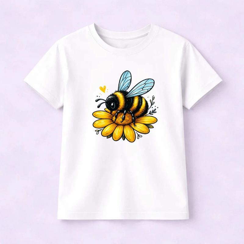 

Camiseta Infantil Estampada Abelha Grande Flor Criança 100% Básica Manga Curta Unissex Masculina E Feminino Básica 150cm білий