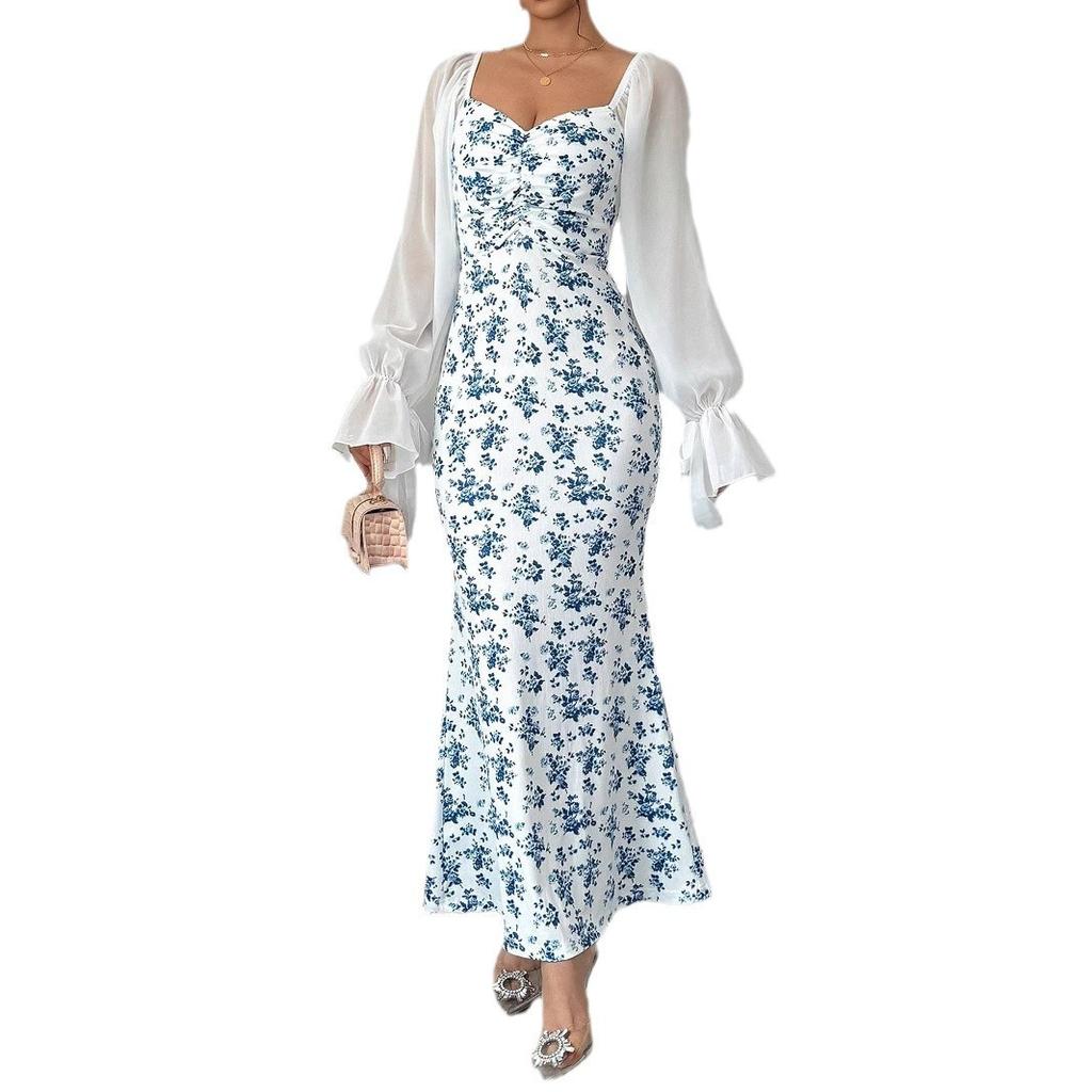 Ladies' Long-sleeved V-neck Dress Chiffon Dress