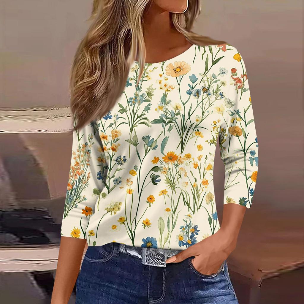 Women's Fashionable Casual Round Neck T-Shirt With Floral Print And Three-Quarter Sleeves