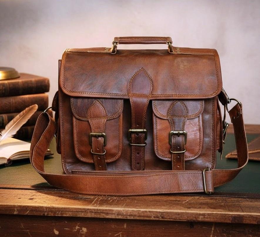 

Коричневый мужской портфель из козьей кожи, винтажная сумка через плечо для ноутбука ручной работы, сумка-портфель 10 x 13 in коричневый