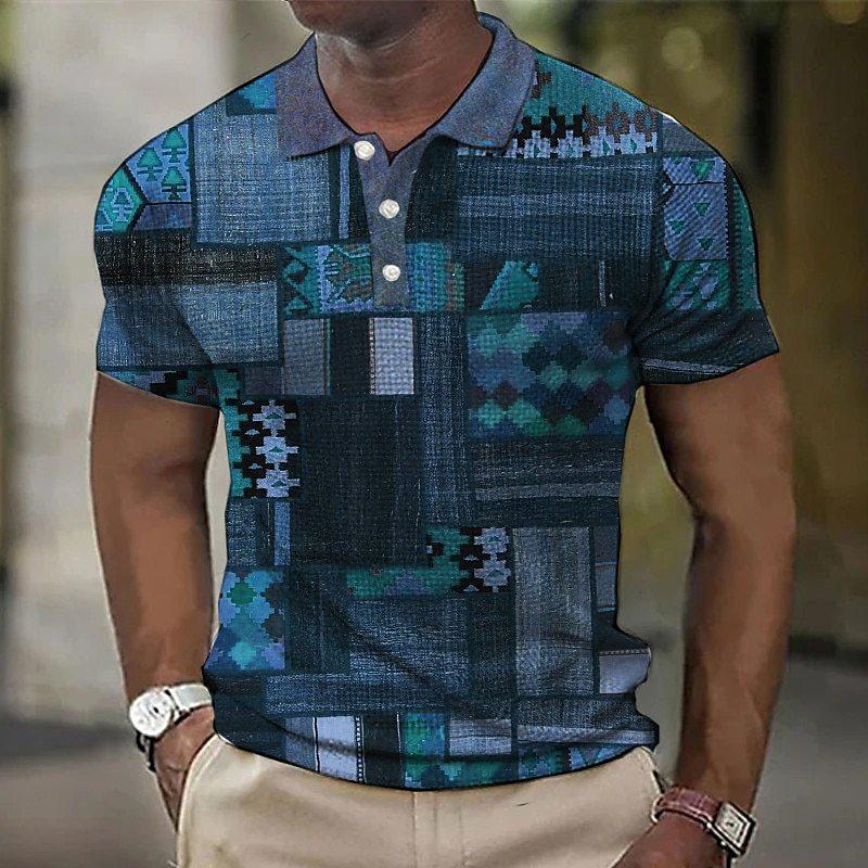 Retro Multi-color Block Splicing 3D Digital Printing Men's Casual Polo Shirt