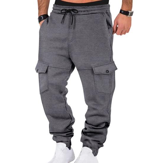 Men Winter Sweatpants Thickened Cargo Pants Warm Casual Baggy Trousers Drawstring Waist Jogger Pants