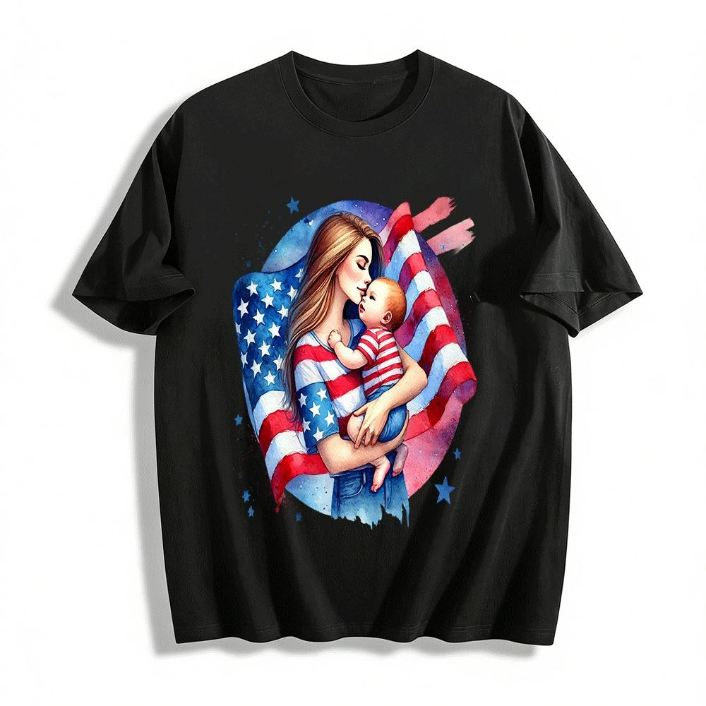 Patriotic Mom And Baby Print Casual T-Shirt USA Themed Top Pure cotton T-shirt XXS