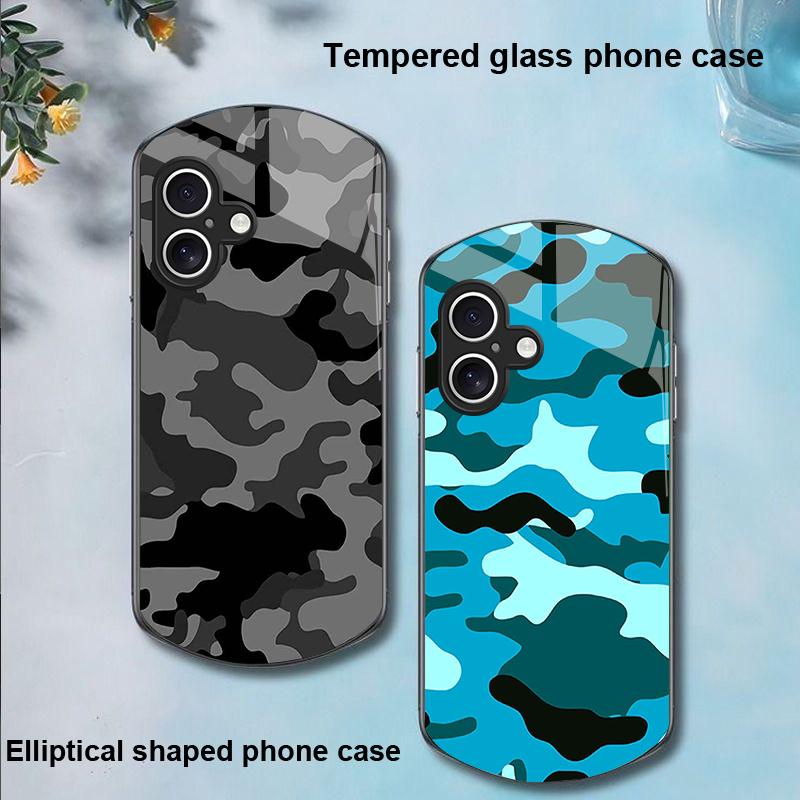Camouflage Blue For Apple IPhone 16 11 13 15 14 Pro Max 12 Mini 7 8 Plus XR X XS Elliptical Shaped Tempered Glass Phone Case