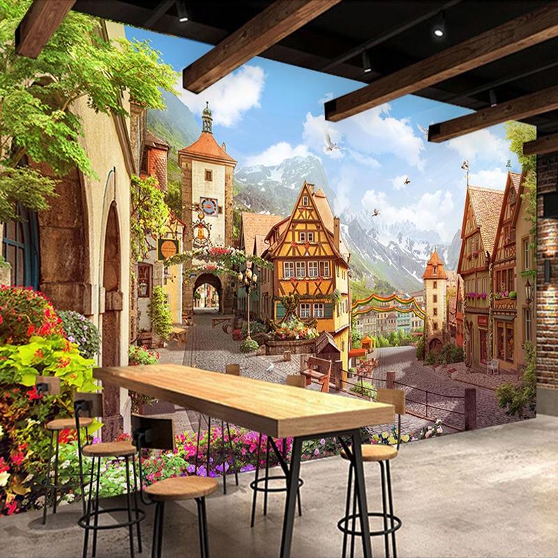 Mural European Style Town Street Scenery 3d Wallpaper Living Room Restaurant Cafe Wall Decoration Mural
