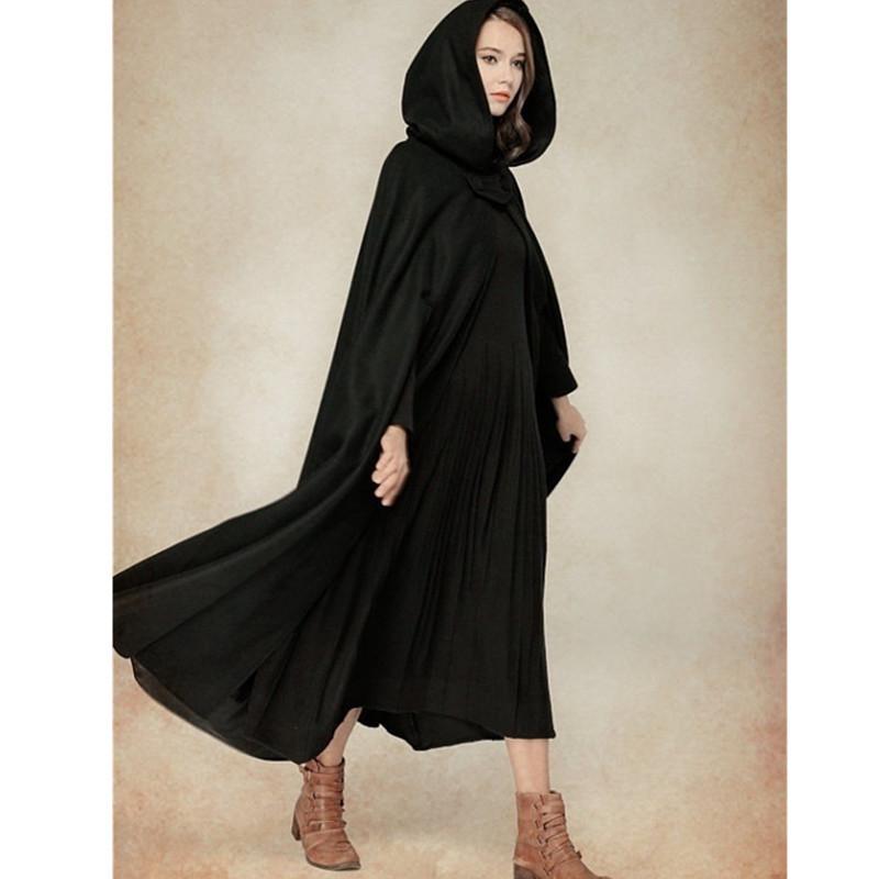 Women's European Shawl Coat: Extra Long Hooded Wool Cape In Five Colors