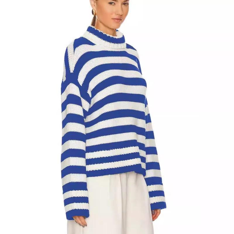 Comfortable Versatile Fashion High Neck Knitted Sweater Female Fall and Winter Loose Striped Long-sleeved Knit Sweater Sweater Coat Female
