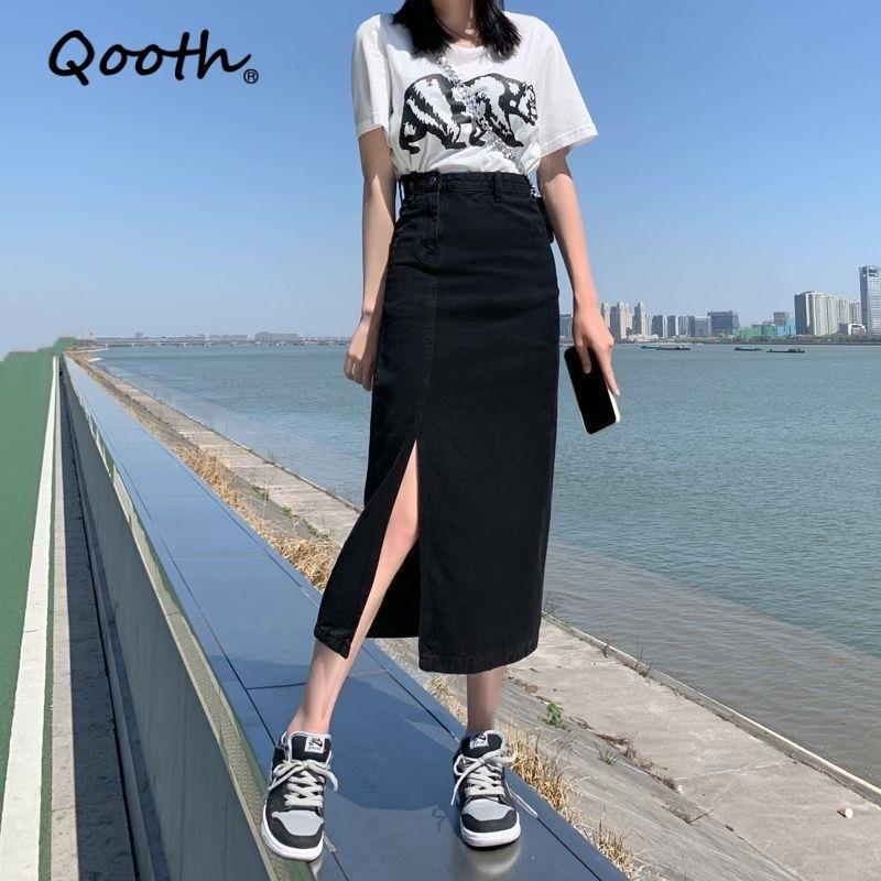 Qooth Casual Women Black Denim Skirt Side Slits Asymmetrical Bodycon Mid Length Slim Simple Skirt QT2652