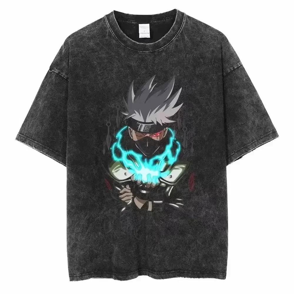 Baumwolle Herren Vintage Japan Anime Print Oversize T-Shirt Streetwear Harajuku Sommer Schwarz Kurzarmhemd Locker Baumwolle Oberteile T-Shirts