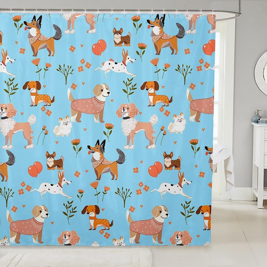 Cartoon Husky Shower Curtains,Cute Dog Animal Kawaii Family Puppy Pet Bath Curtain,Boho Floral Leaves White Waterproof Fabric