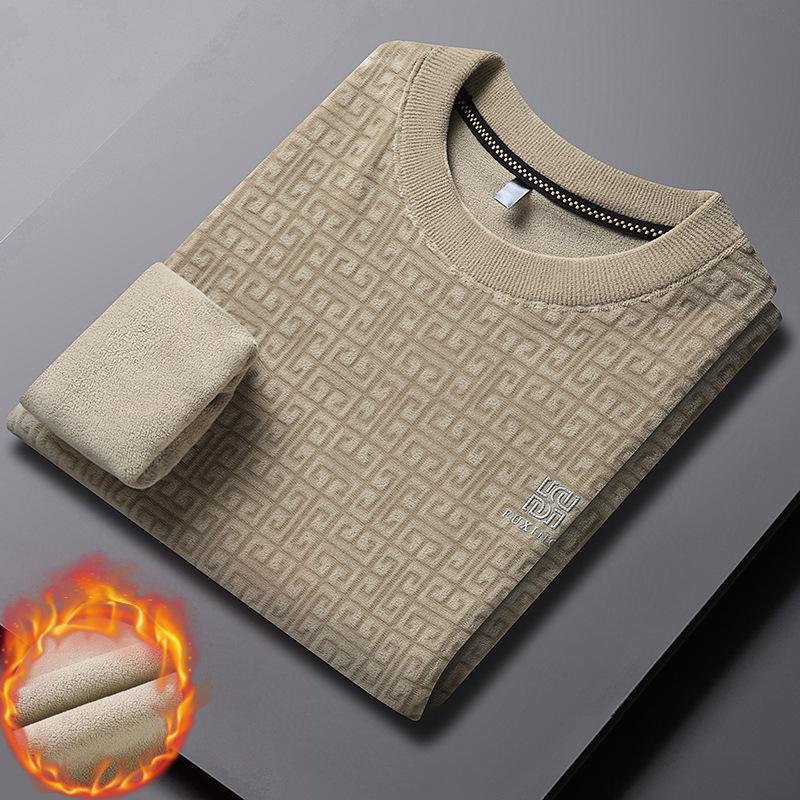 Ao Li Rong Men's Plus Velvet Thickened Warm Sweatshirt - Round Neck, Long Sleeve, for Autumn/Winter