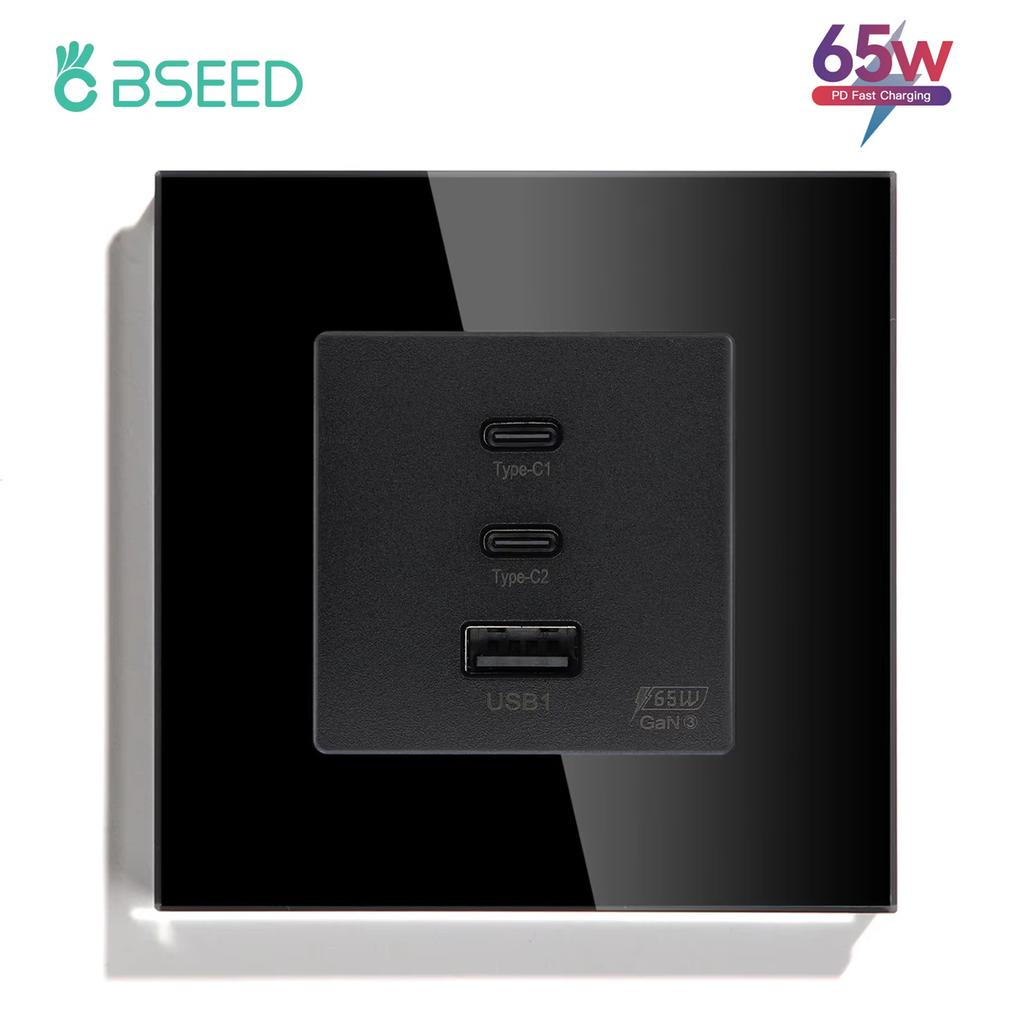 BSEED Power Sockets Electric Outlets Plus Dual Type-c USB Fast Charging Ports 65W 3A Glass Frame EU Standard Wall Embedded