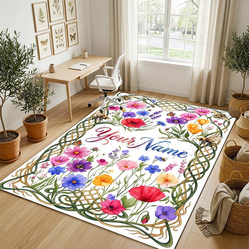 Floral Garden Theme Crystal Velvet Rug Personalized Custom Name Text Soft Floor Mat Home Decor