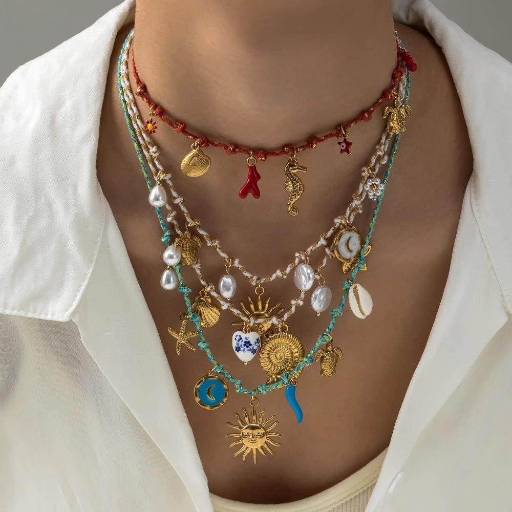 Movable Woven Rope Collarbone Chain Ocean Style Mini Metal Sun Necklace  Kids