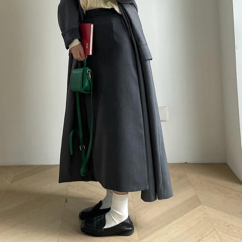 With Sweater Coat Skirts Autumn and Winter New Gray Back Slit Suit Skirt