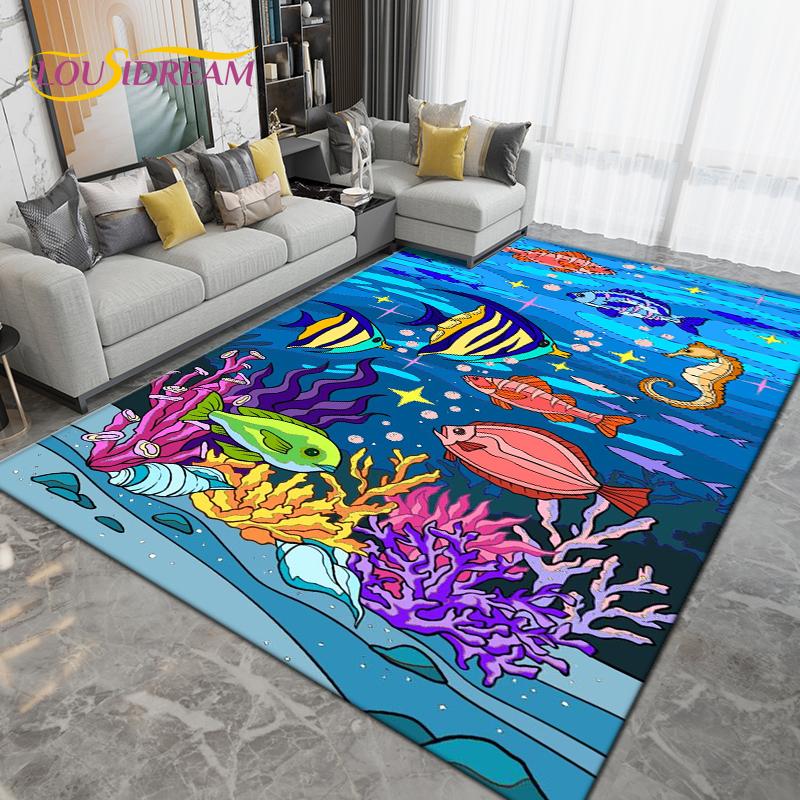 Ocean Underwater World Fish Dolphin Octopus Area Rug,Carpet Rug for Living Room Bedroom Sofa,Kitchen Bathroom Non-slip Floor Mat