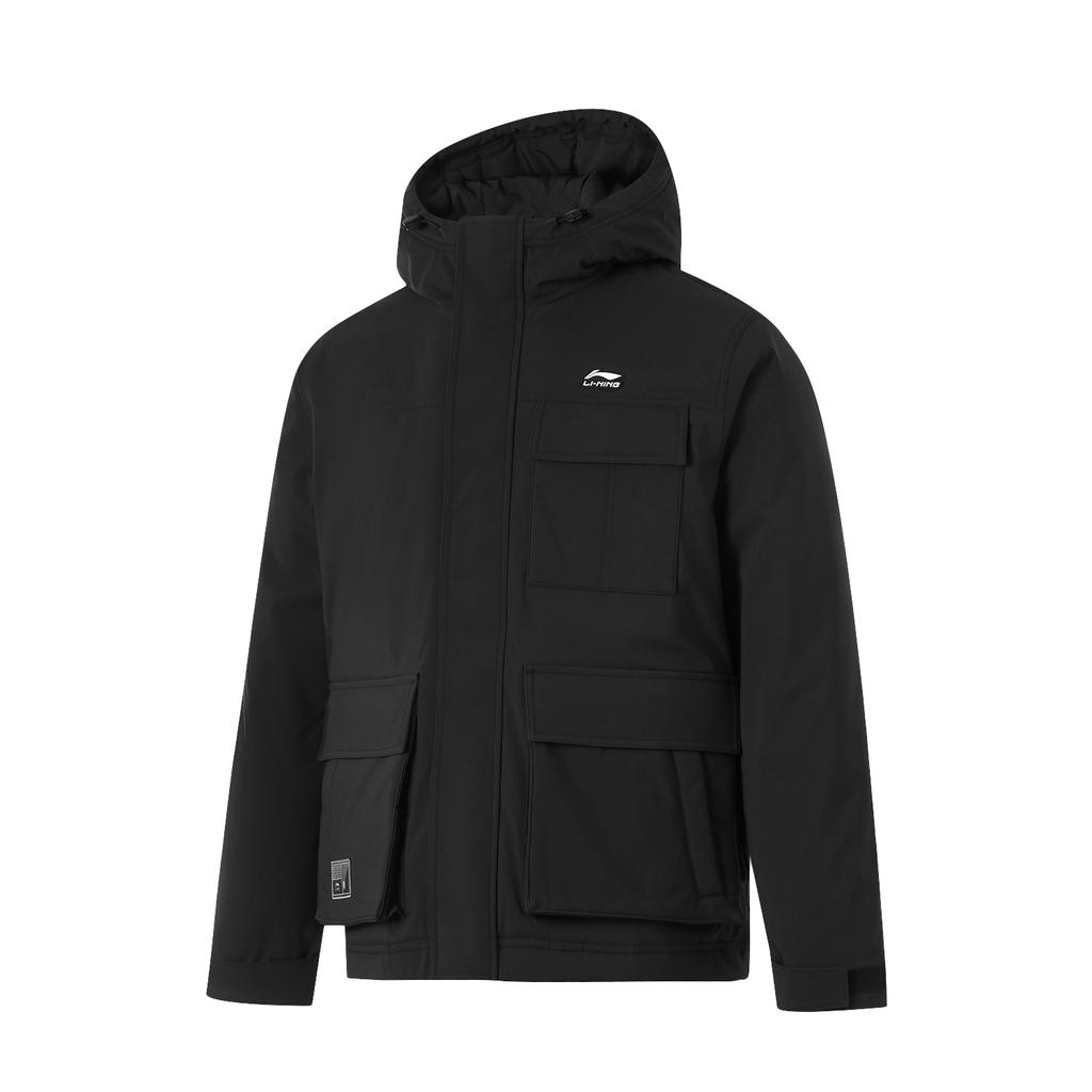 Li-Ning Pohodlná ležérní pánská krátká péřová bunda s kapucí odolná proti zimě pro venkovní nošení Černá AYMU363-2