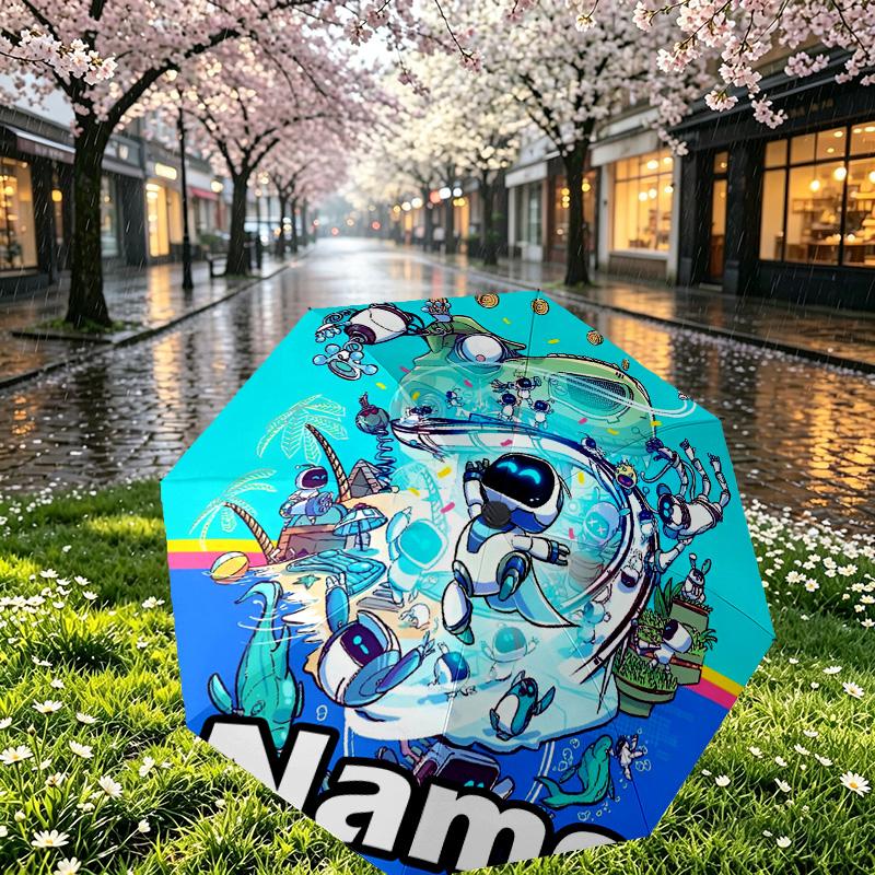 Custom Name Personalized Cosmic Bot Crew Print Umbrella, Auto Open Close, 8‑Rib Sturdy Frame, Commute Camping Hiking Use, Birthday Gift