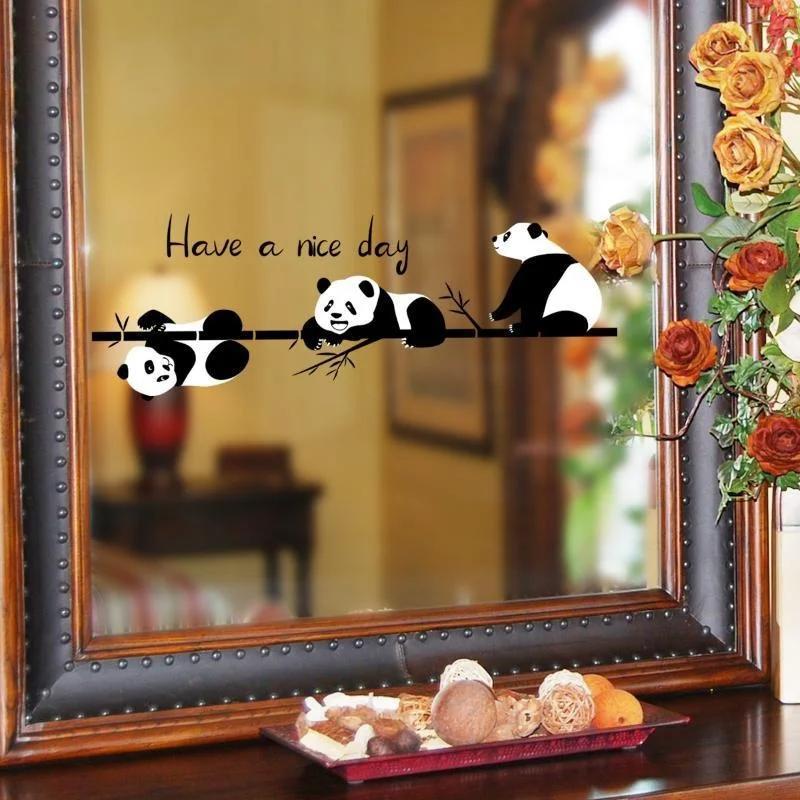 Wall Stickers Cartoon Animal Bamboo Three Pandas Glass Window Mirrors Decorative Stickers Home Wall Stickers Self Adhesive