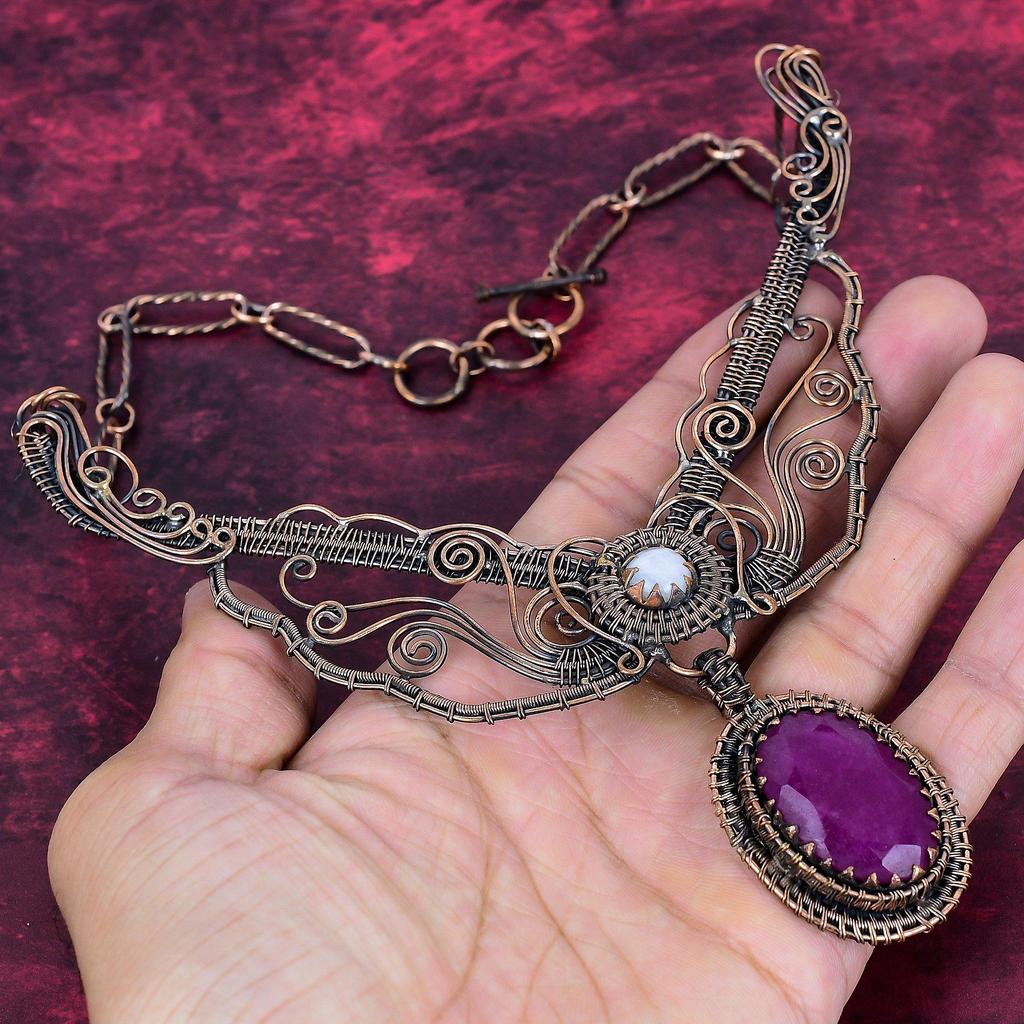 Faceted Kashmir Ruby Necklace Copper Wire Wrapped Adjustable Necklace Gemstone Handmade Jewelry