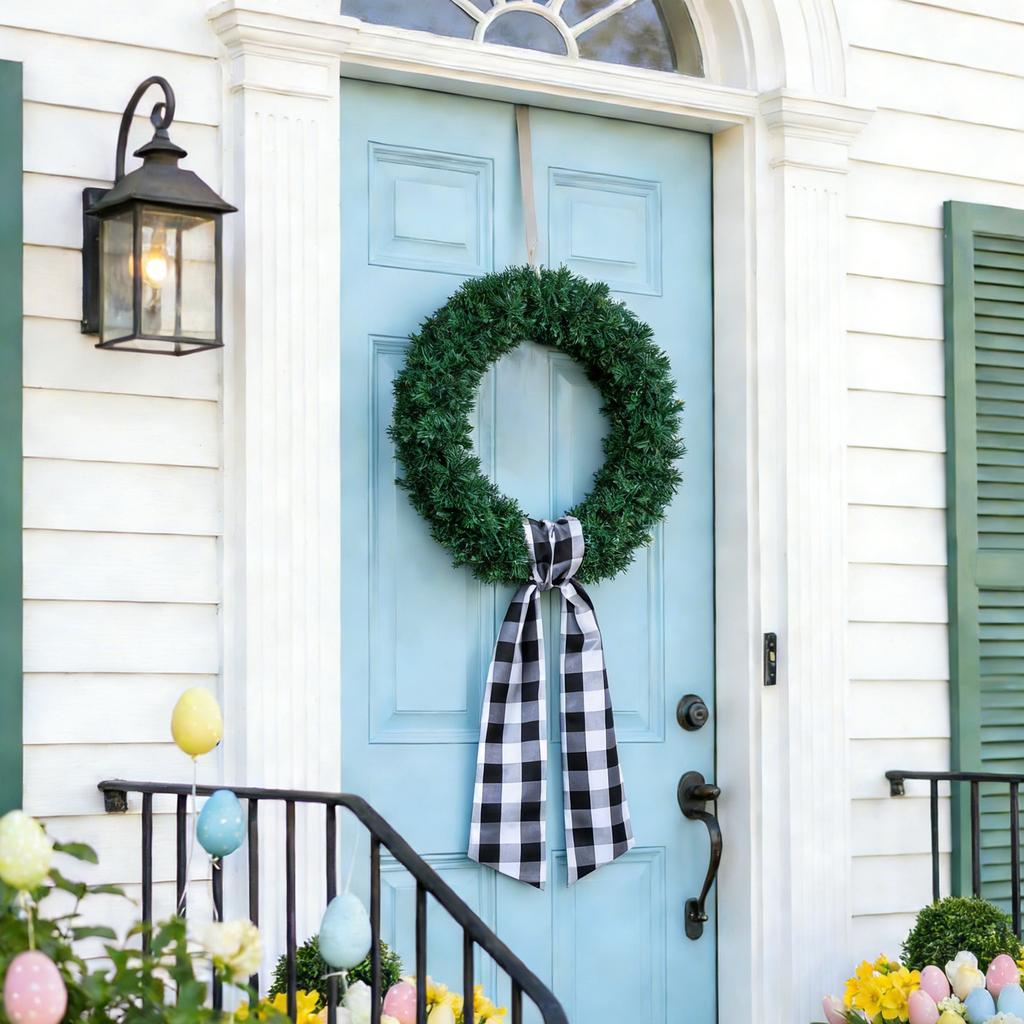 Black And Plaid Wreath Sash, 6ft Long Christmas Wreath Decorative Belt, Satin Fabric Bow For Front Door Wreaths, Holiday D