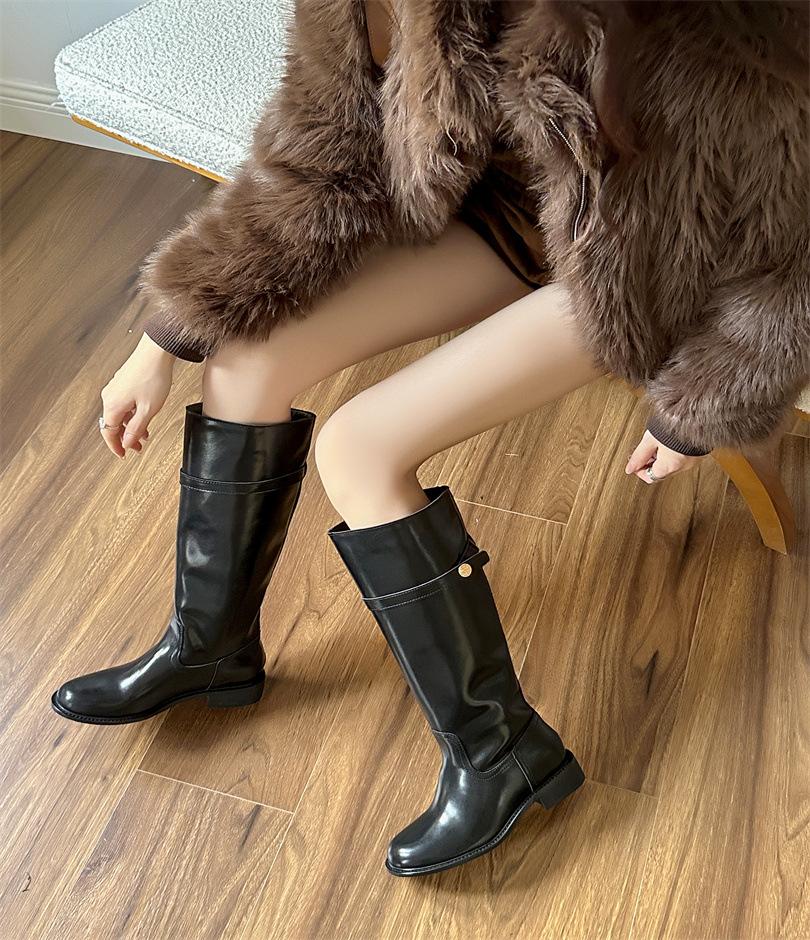 

Coarse heel brown Maillard long boots women s shoes 2025 new autumn and winter black locomotive mid tube knight boots 39 чёрный