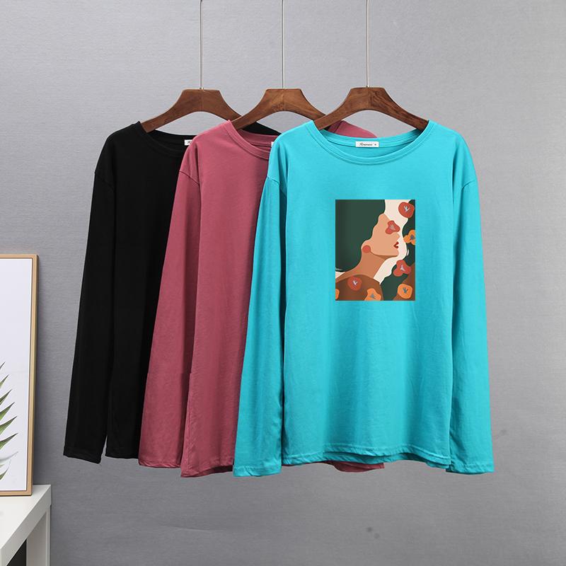 Tricou din bumbac cu mânecă lungă de primăvară Hirsionsan Tricou cu imprimeu estetică abstractă cu figurine pentru femeie pentru petrecere a timpului liber cu gâtul în formă de topuri simple