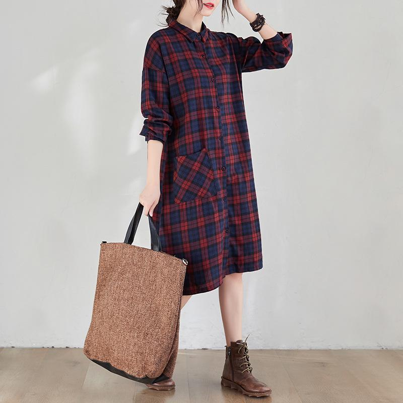 

2021 Осень Большой размер Клетчатое Хлопково-Льняное Платье-Рубашка с Длинным Рукавом и Карманами для Женщин XXL