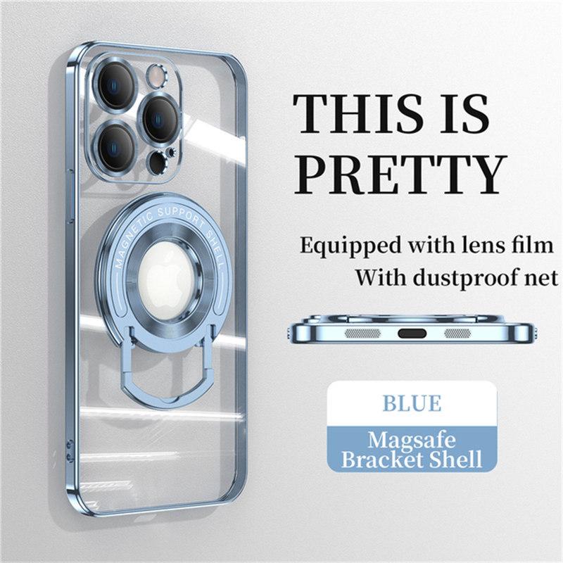 Plating Transparent Logo Hole Case For iPhone 13 12 14 Pro Max 11 13 Invisible Stand For Magsafe Magnetic Wireless Charge Cover