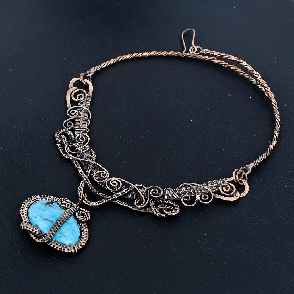 Turquoise 999 Copper Wire Wrapped Necklace with Adjustable Chain, Handmade Gemstone Jewelry Necklace For Memorial Day