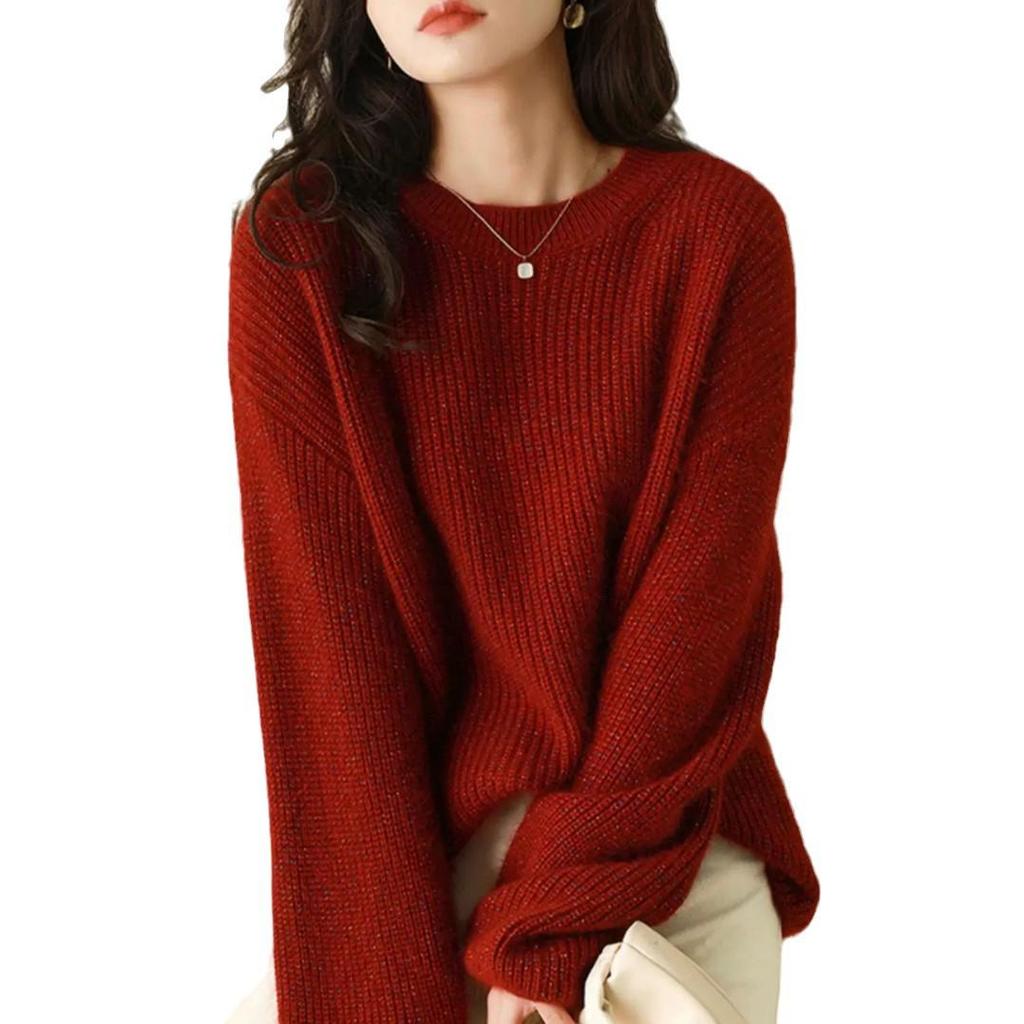 Women's Trendy Round Neck Lurex Sweater in New Year Red - 100% Pure Wool, Loose Fit, Autumn/Winter Base Layer