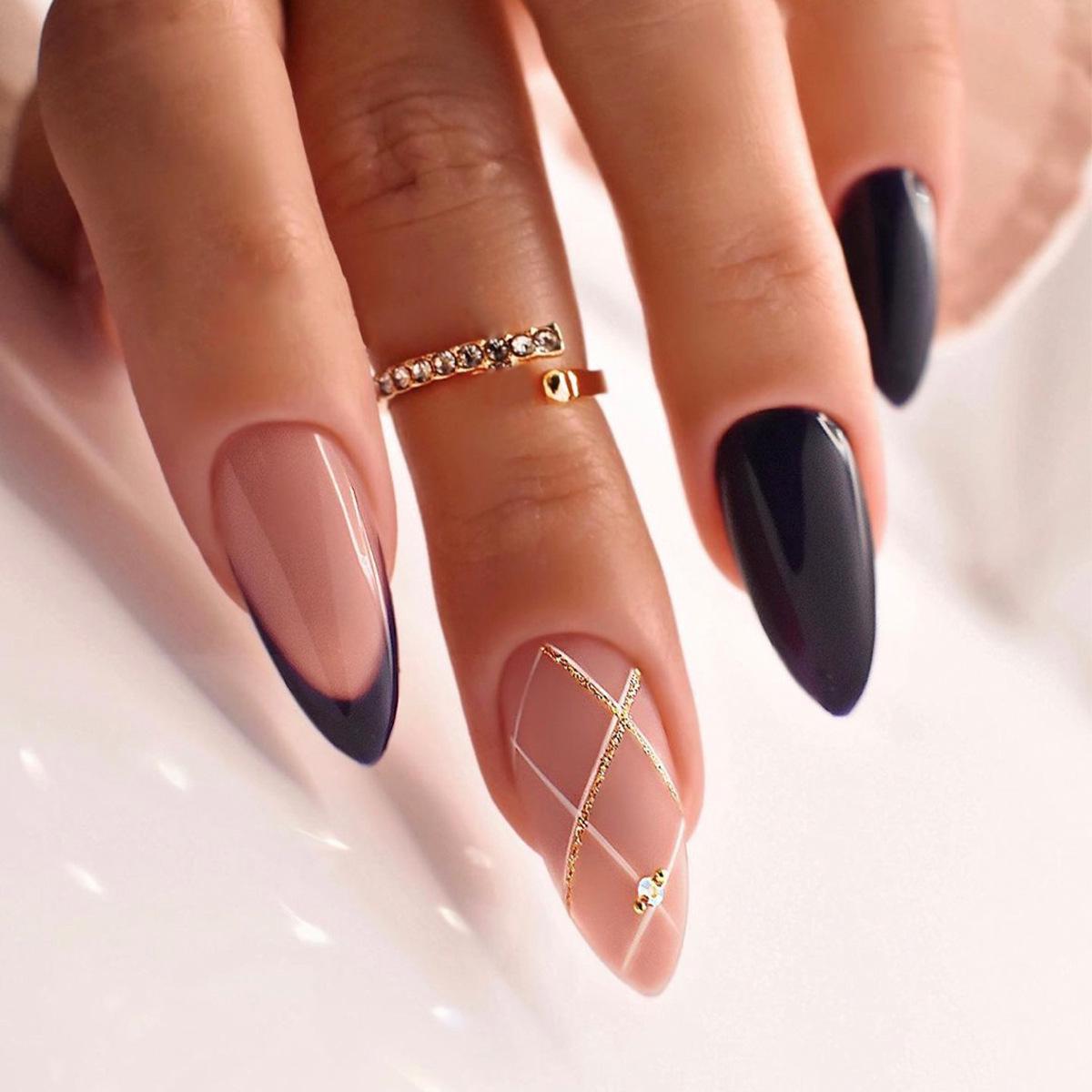

Almond-Shaped Black French Tip Press-On Nails with Gold Glitter Plaid Design