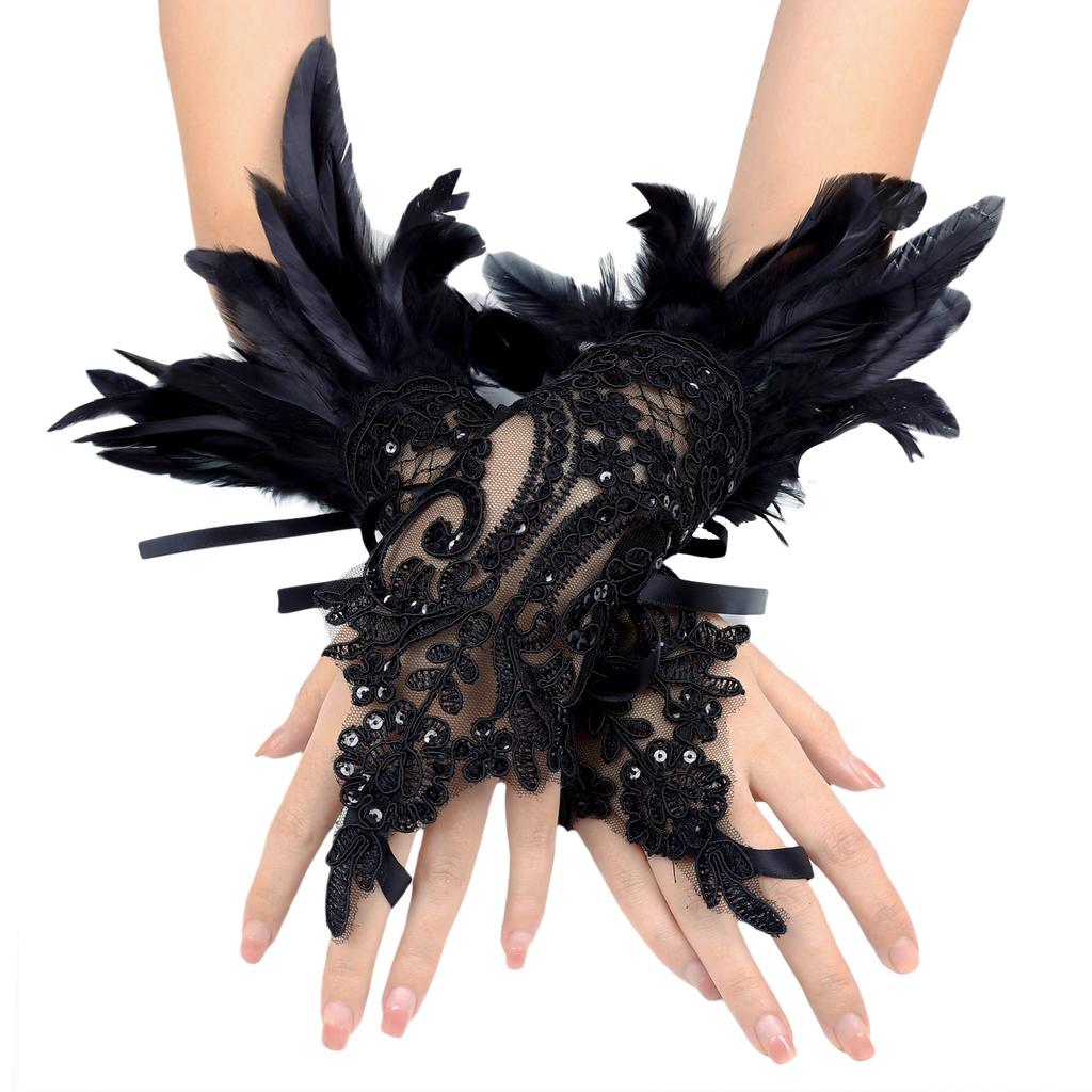 1 pair of Halloween feather fingerless gloves-black lace arm cuffs for parties and dance events