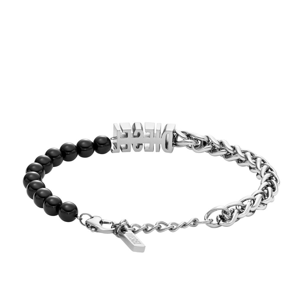 Diesel Schwarzes Achatperlen-Kettenarmband aus Edelstahl, ohne Edelsteine, Farbe (Modell DX1541040), Größe, Stahl,