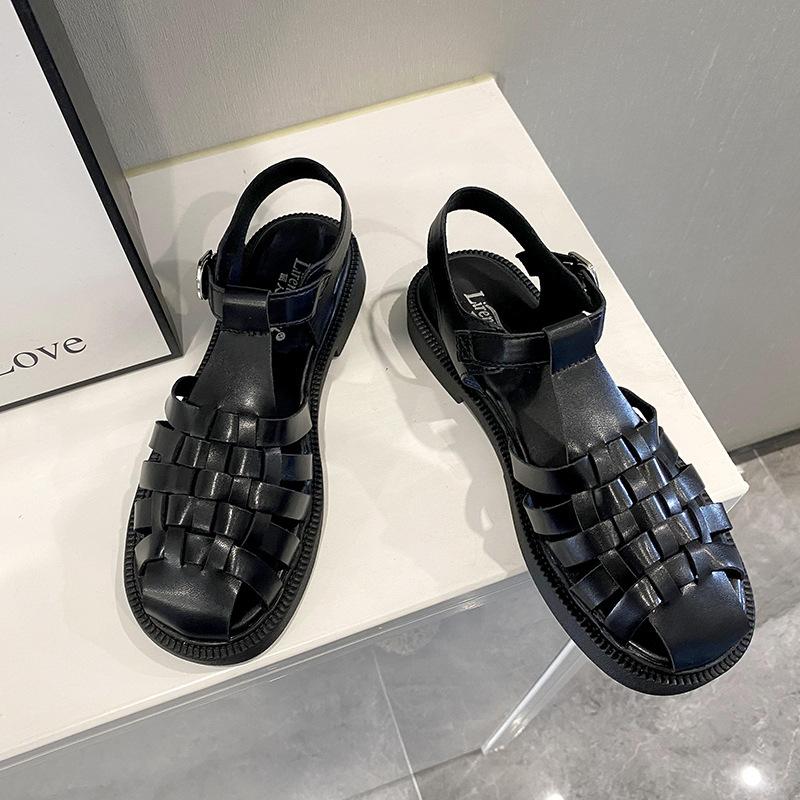 

модные женские сандалии Baotou однорядные сандалии с пряжкой на низком каблуке женские летние 2024 плетеные римские женские туфли женские сандалии на плоской подошве 40 чёрный
