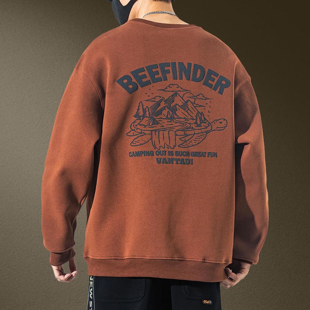 Men's Trendy Brand Heavyweight Round Neck Sweatshirt - Autumn Loose Casual Print with Velvet Long Sleeves