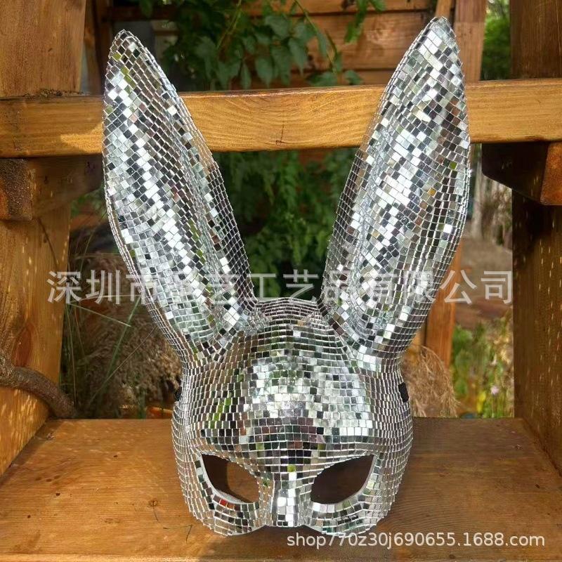 Disco Mirror Bunny Mask Sparkling Costume Accessory For Women Teens Halloween Party Rave Cosplay Glam Sexy Club Night Photo Prop
