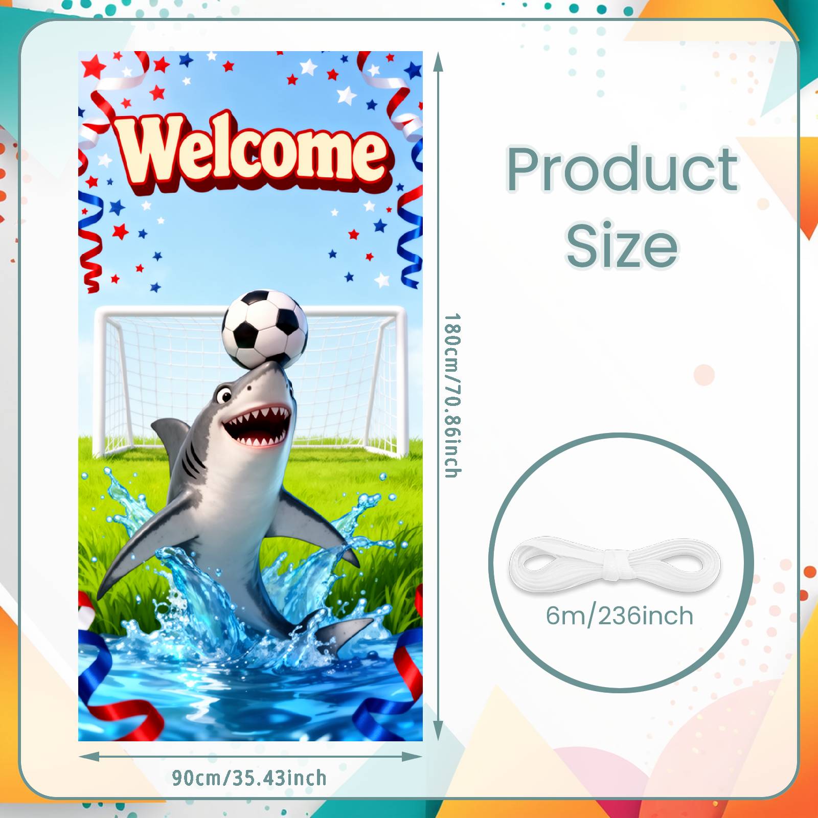

Welcome Shark Soccer Door Cover Cartoon Festive Event Banner Welcome Shark Soccer Backdrop Water Splash Effect