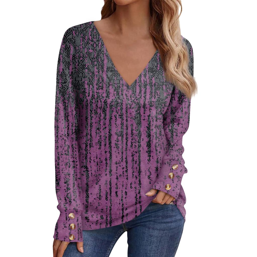 T-shirt Top a Manica Lunga da Donna Casual con Scollo a V, Stampa, Bottoni Decorativi, Top per Donna, Top e Bluse da Donna, Top Eleganti
