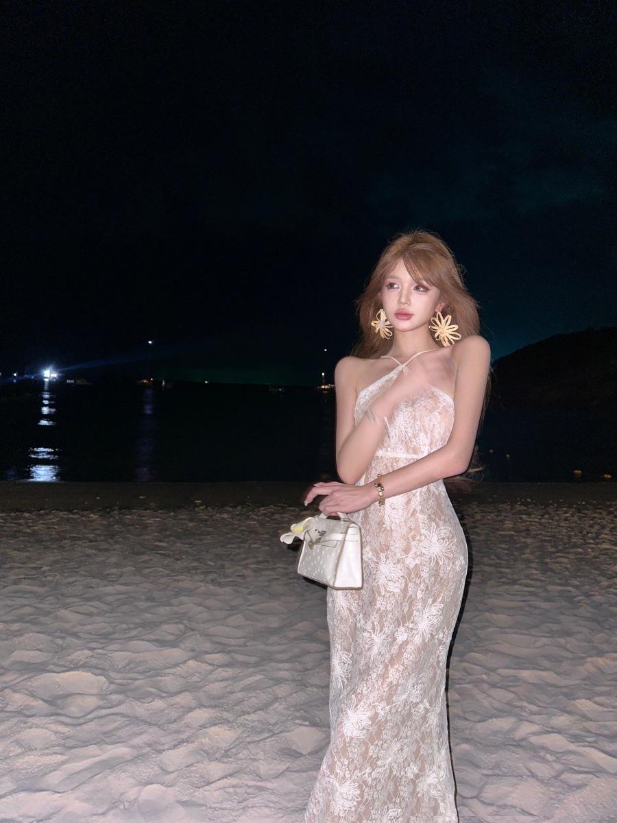

Morning Robe Female Bride Premium Lace Neck Birthday Fishtail Long Dress Light Dress French Suspender Dress S