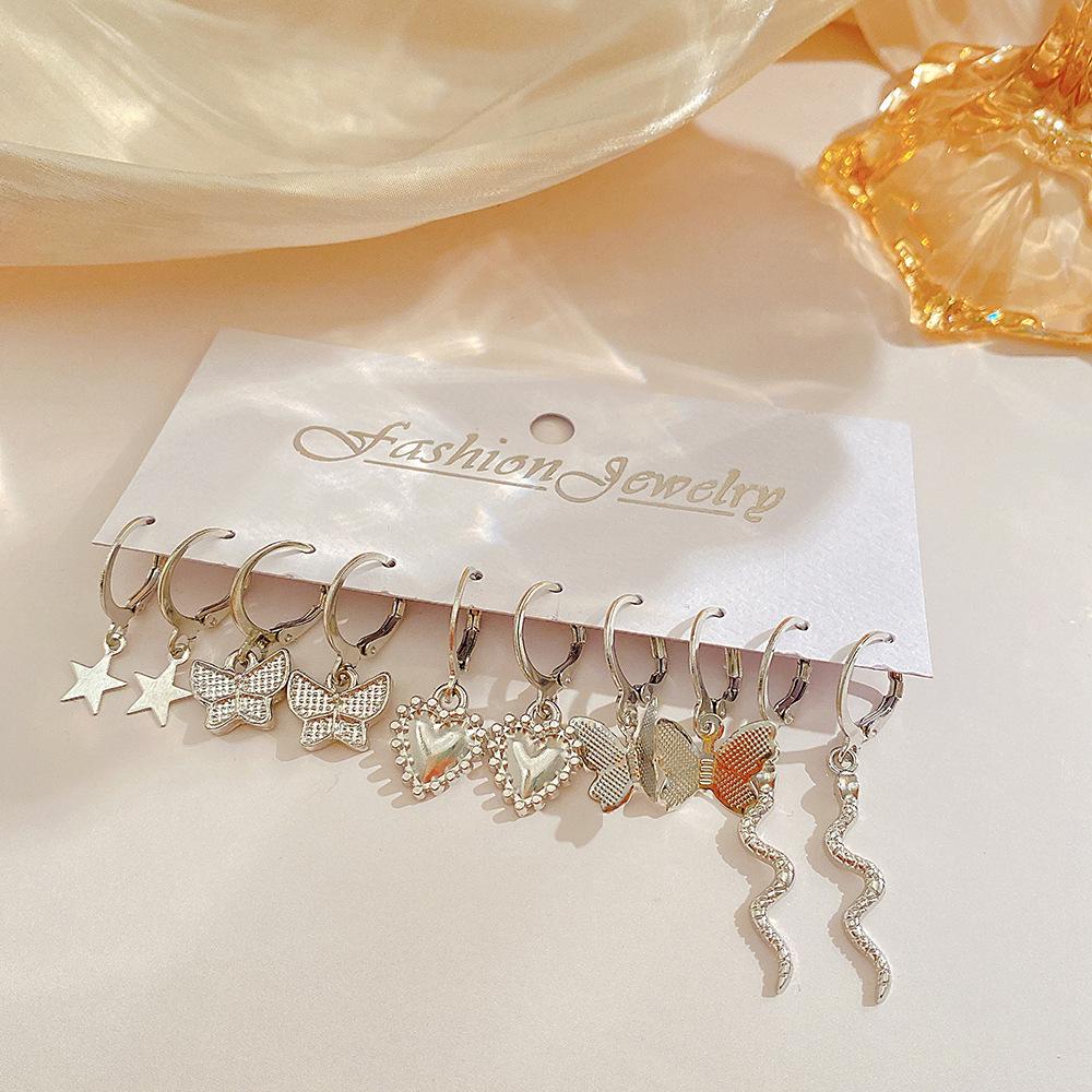 Silver Color Heart Dangle Earrings Set Vintage Butterfly Metal Geometric Drop Earring for Women 2023 Fashion Trendy Jewelry Gift