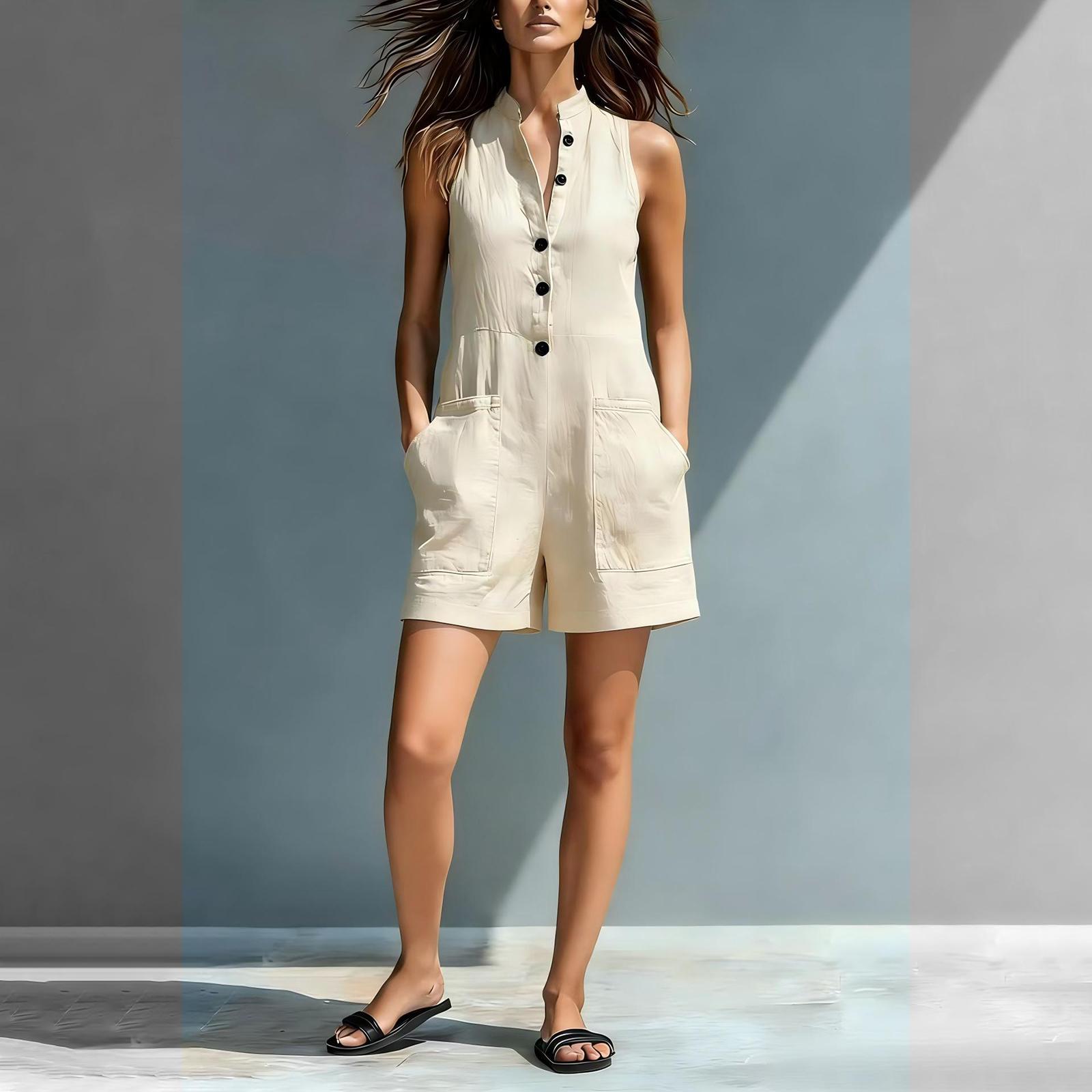 Ladies  Fashionable Casual Button Up Collar Sleeveless Loose Jumpsuit L бежевый