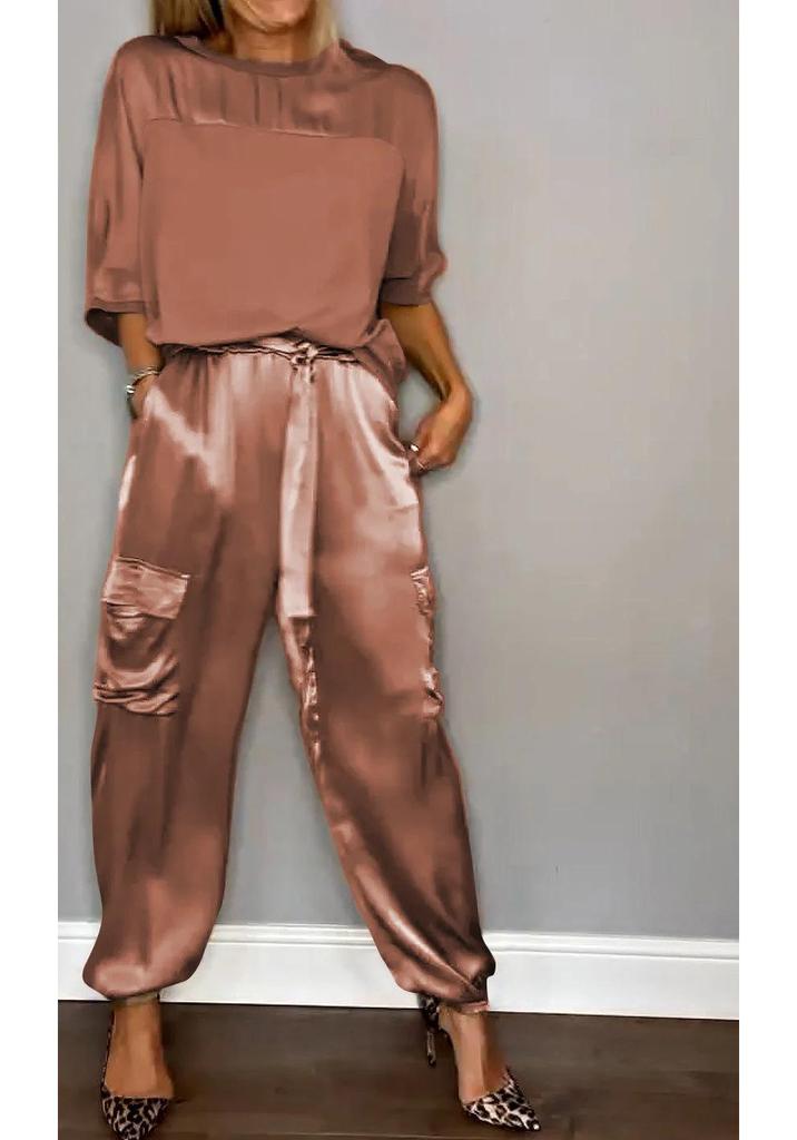 European and American Women's Satin Half-Sleeve Top and Pants Set 2024