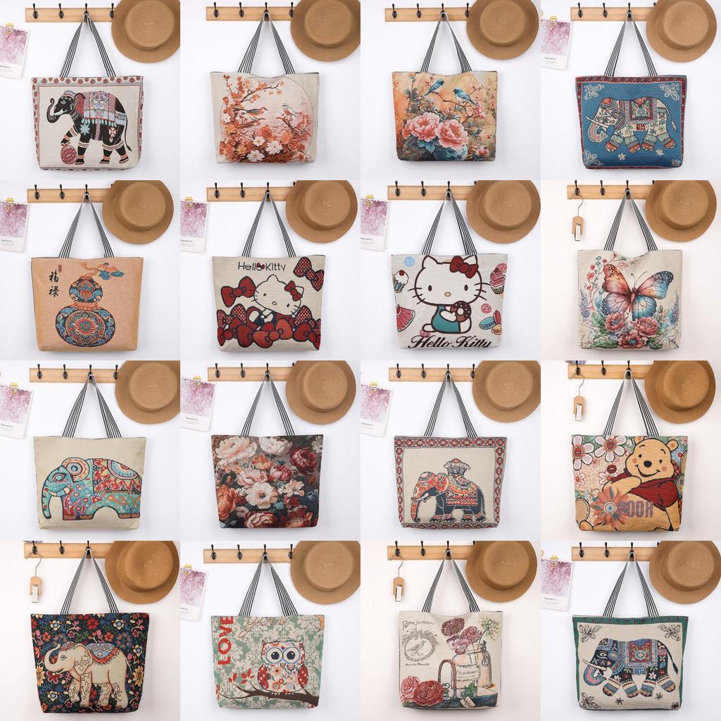 Elephant Hello Kitty Butterfly Embroidered Canvas Tote Bag With Seamed Stitching For Daily Use