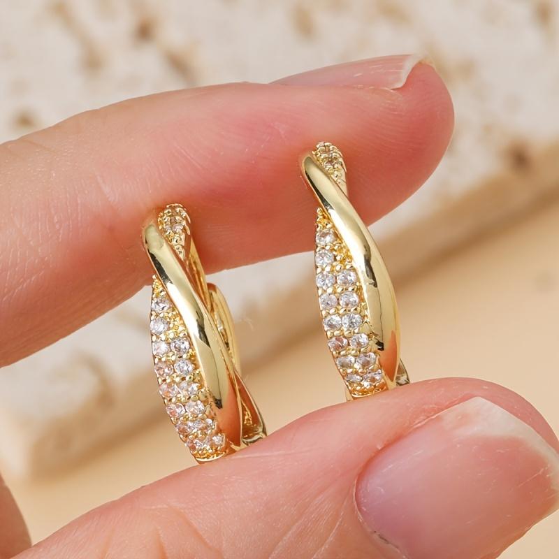 Korean Interlocking Hoop Earrings for Women, Copper Earrings with Shiny Zirconia, Minimalist Daily Commute Jewelry, Banquet Gift